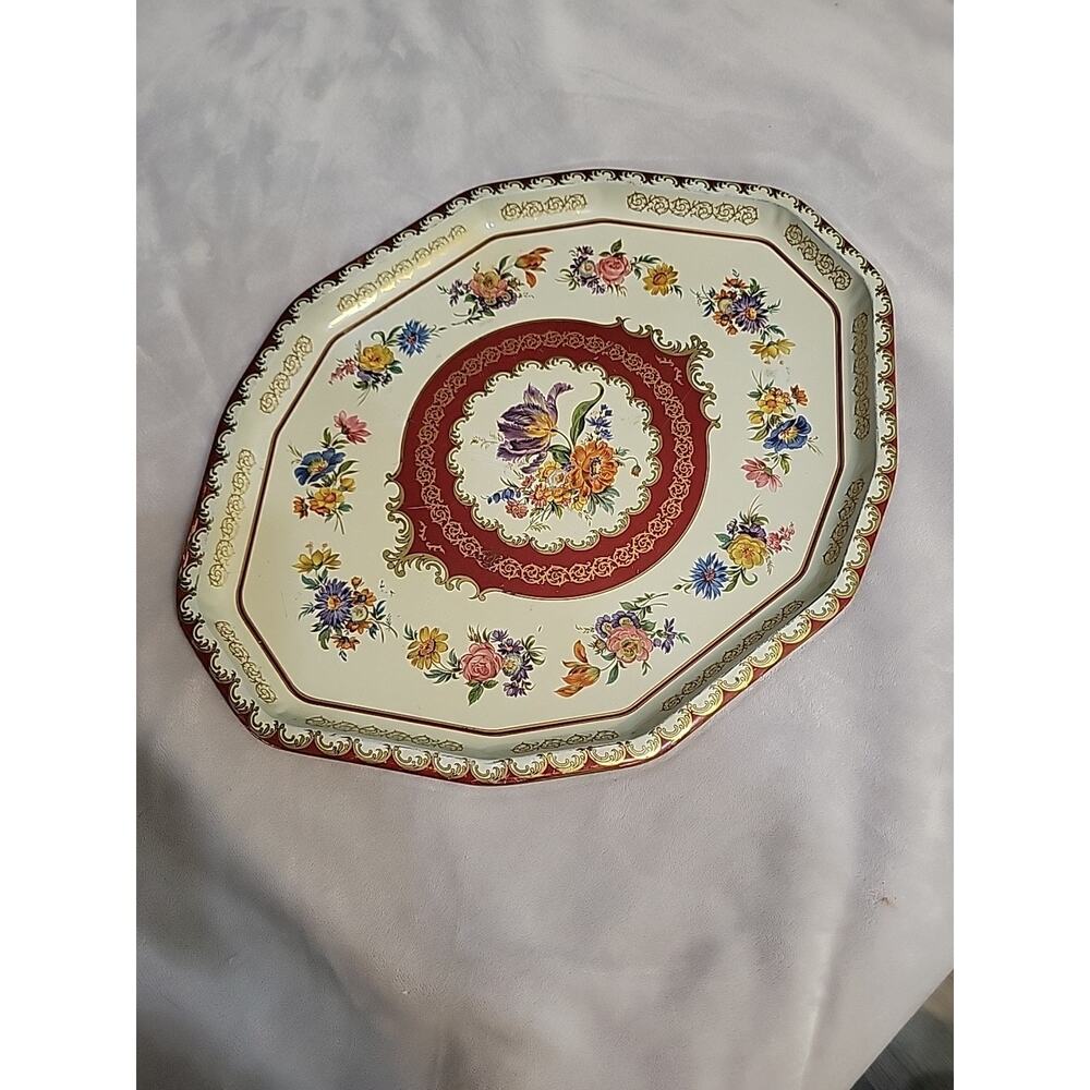 Daher Decorated Wares, Octagon Tulips Spring Flowers Metal Tray ~ England